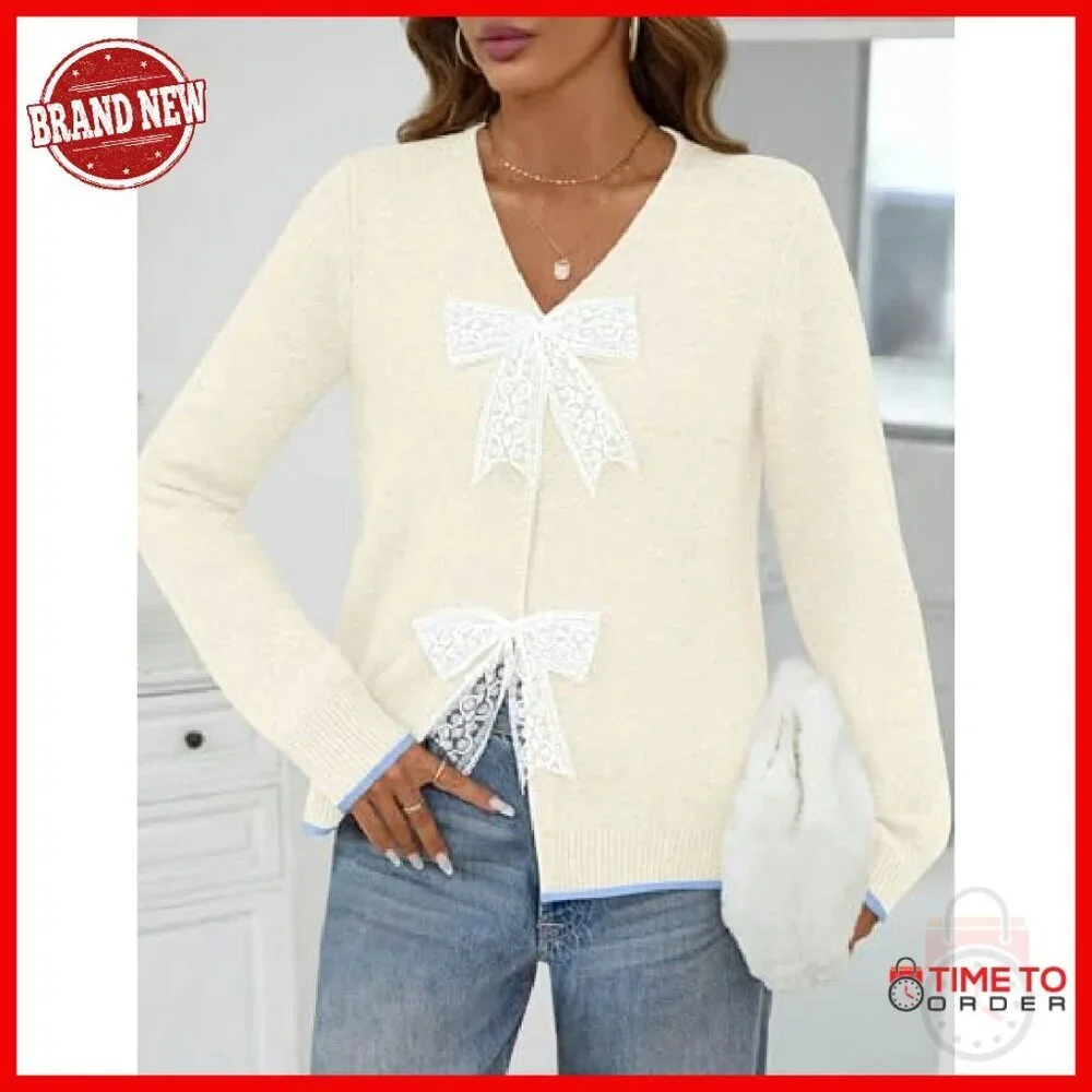 Women's Tie Front Bow Cardigan Chunky Knit V-Neck Long Sleeve Sweater